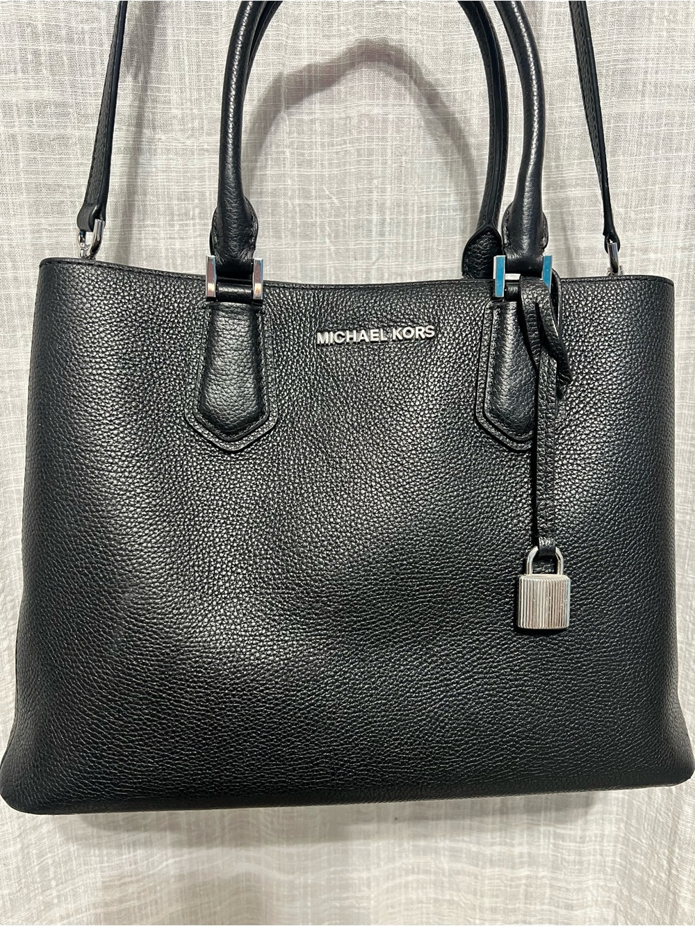 Michael Kors Black Pebbled Leather Tote with Padlock Charm